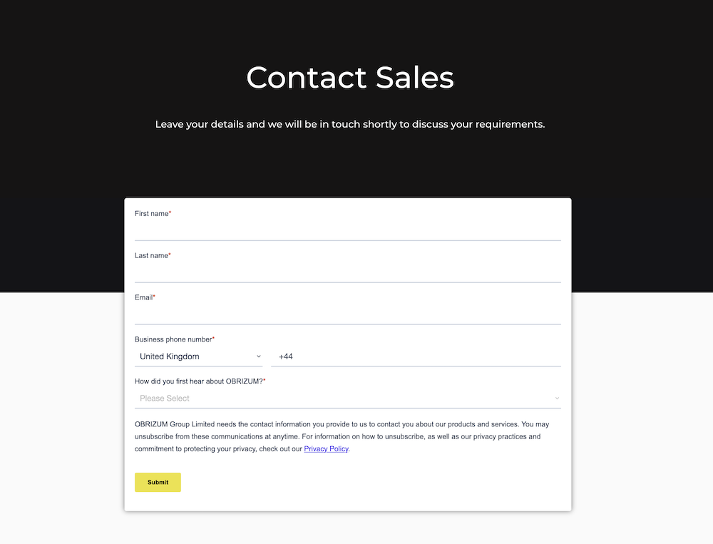 Hubspot form integrated in the contact page of Obrizum's website.